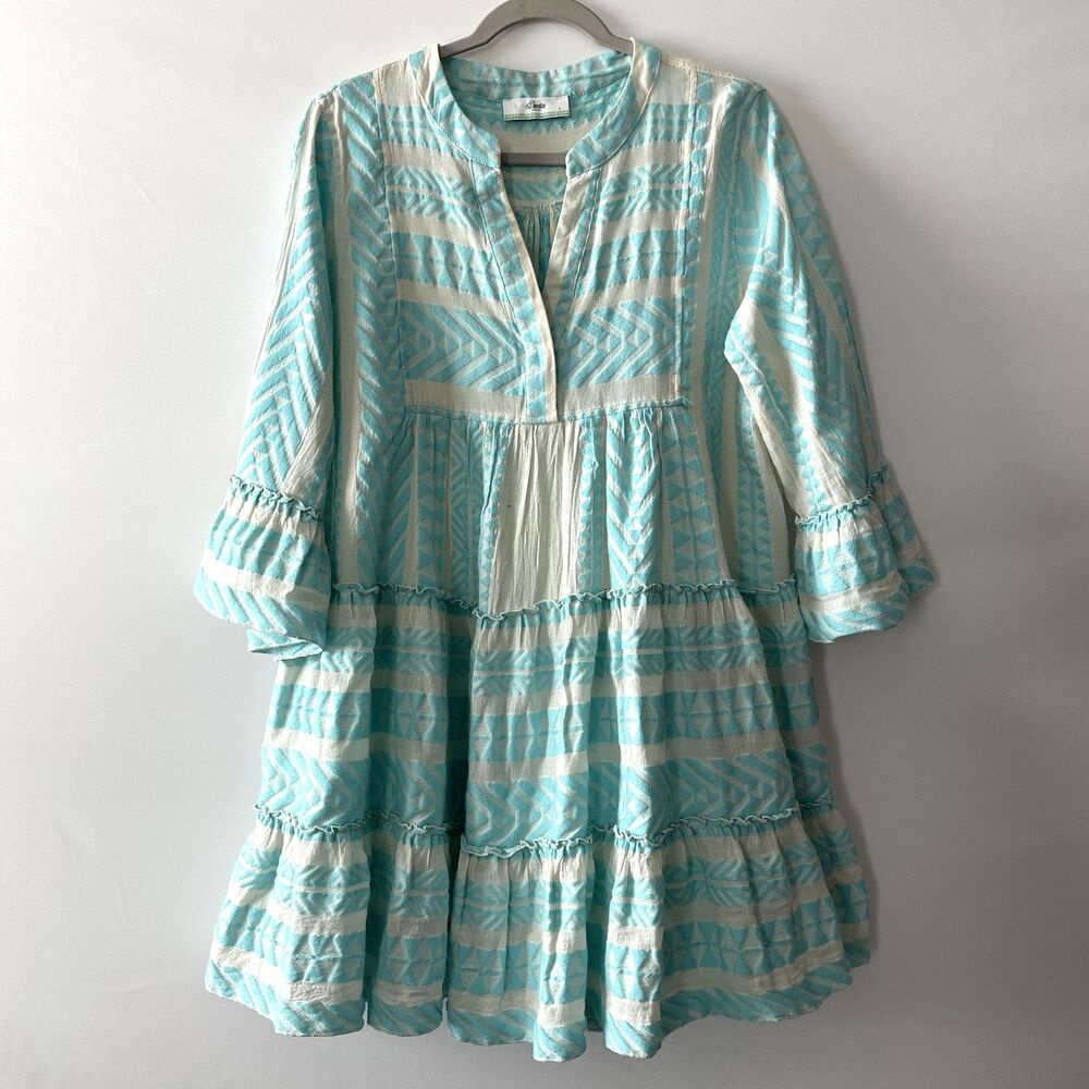 Devotion Twins Tiered Shift Dress 3/4 Sleeve Geometric Blue White Size L-(ep)